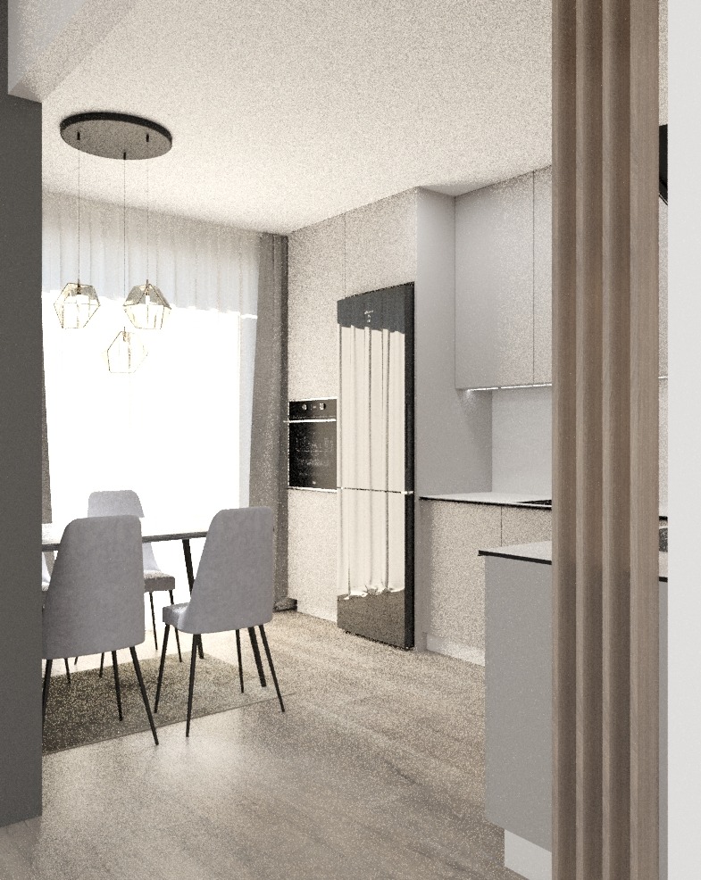 Wizualizacja jasnej kuchni z jadalnią: szare krzesła przy czarnym stole, nowoczesne lampy wiszące, zabudowa kuchenna z lodówką w zabudowie i piekarnikiem, drewniana ażurowa ścianka działowa.