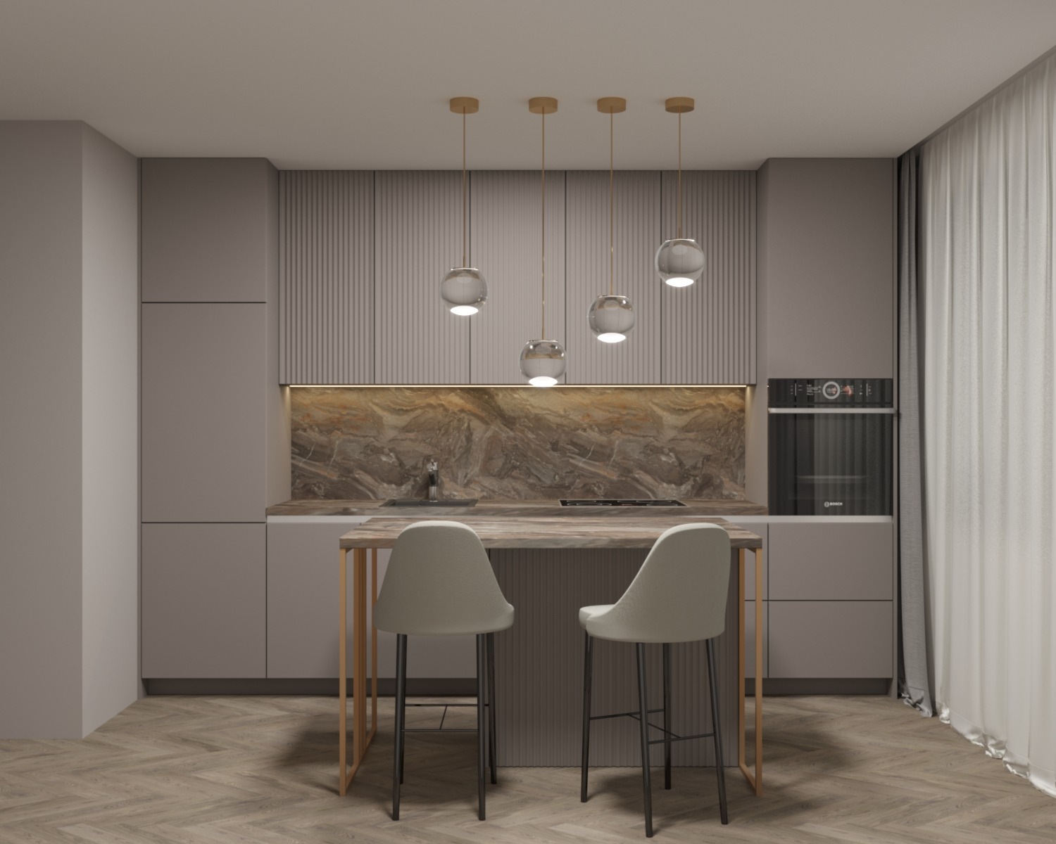 Wizualizacja nowoczesnej kuchni w odcieniach szarości z wyspą i dwoma hokerami, marmurowy backsplash podświetlony listwą LED, cztery szklane lampy wiszące