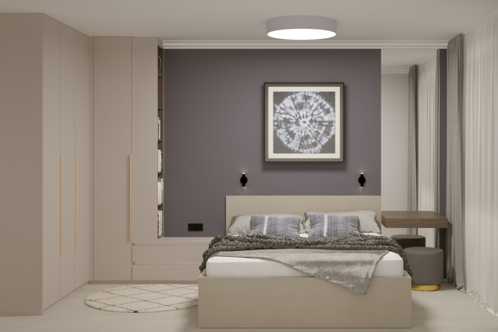 Beżowa sypialnia z łóżkiem, garderobą i toaletką, oświetlona okrągłym plafonem, z okrągłym dywanem na podłodze i abstrakcyjnym obrazem na ścianie.