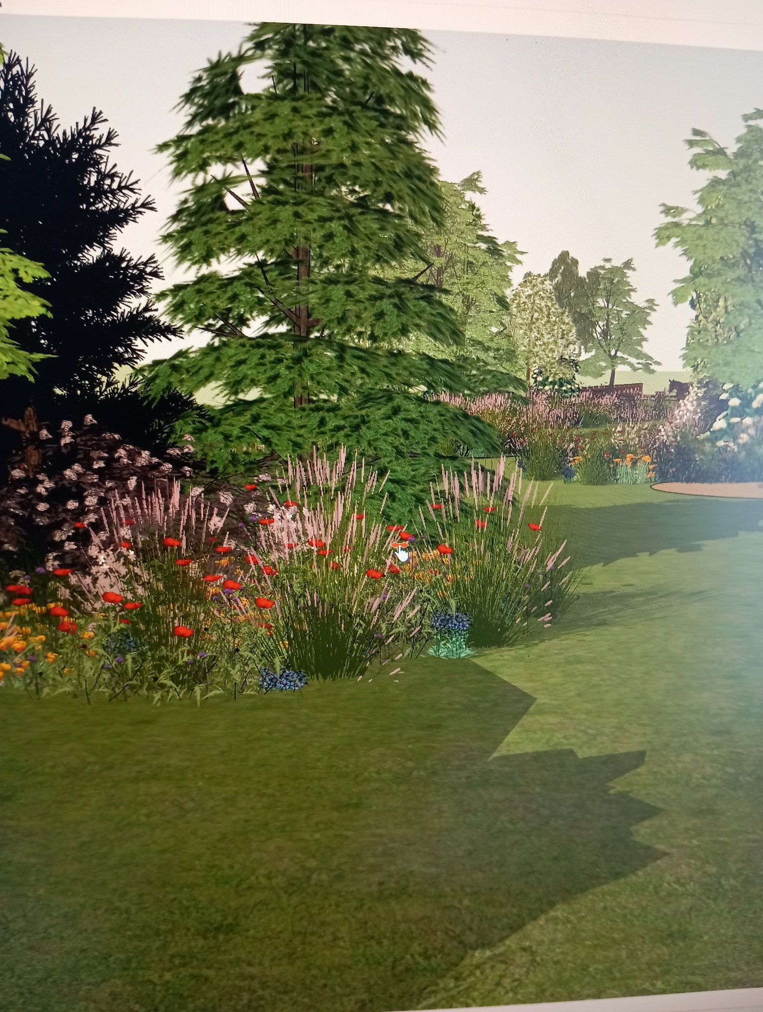 Wizualizacja ogrodu z drzewami iglastymi, kwitnącymi bylinami i trawnikiem. Projekt ogrodu z różnorodną roślinnością i ścieżką. Widok na ogród w słoneczny dzień.