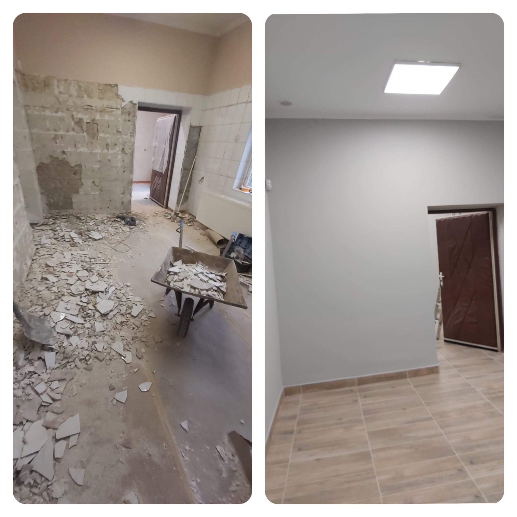 Porównanie stanu łazienki przed i po: zdemontowane płytki i gruz w taczce kontra świeżo pomalowane ściany, nowe płytki podłogowe i oświetlenie sufitowe.