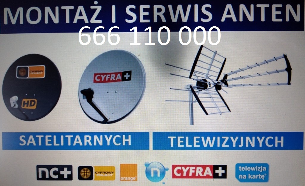 Grafika reklamowa z antenami satelitarnymi i telewizyjnymi, logotypami operatorów (nc+, Cyfrowy Polsat, Orange, Cyfra+) oraz numerem telefonu do kontaktu.