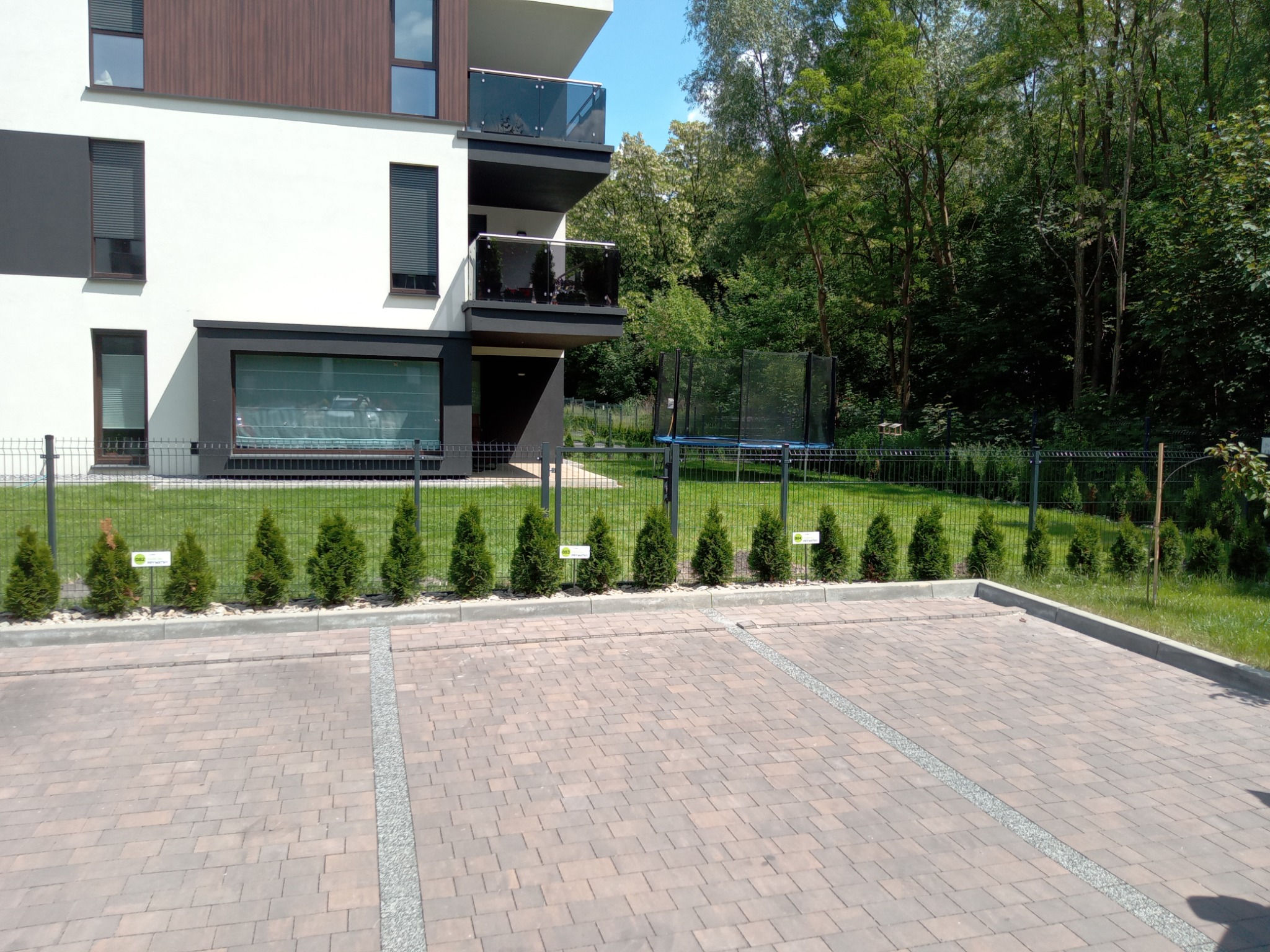Metalowe ogrodzenie panelowe odgradza parking z kostki brukowej od trawnika z młodymi tujami, w tle budynek mieszkalny z balkonami i drzewa.