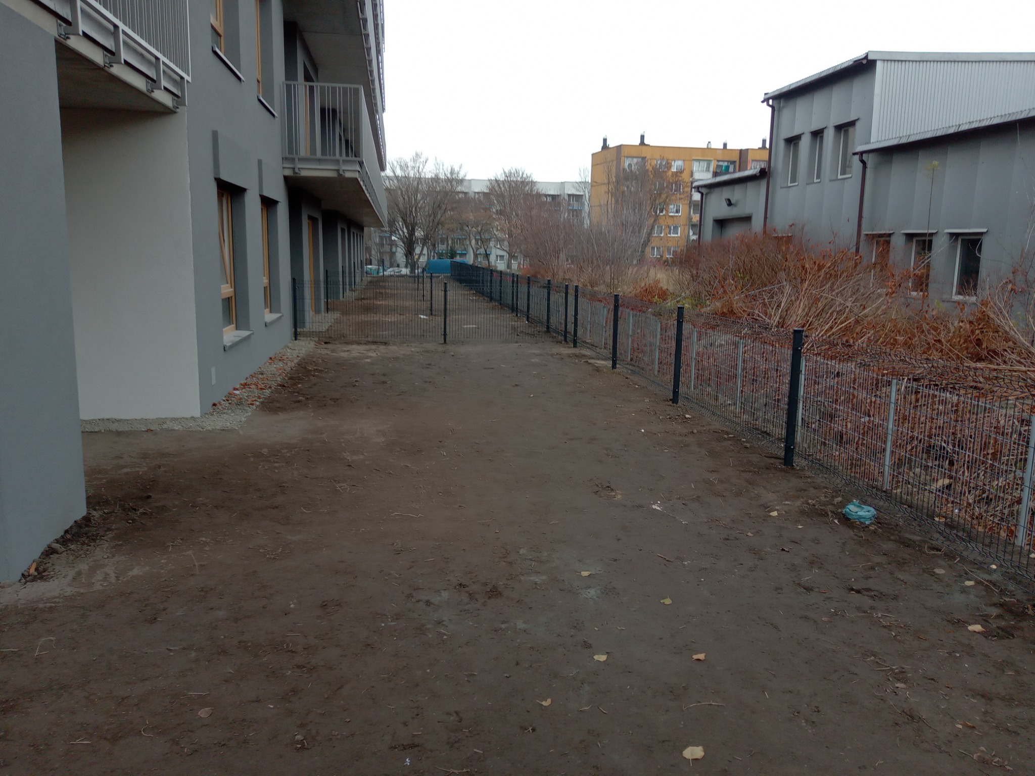 Nowo zainstalowane, niskie, metalowe ogrodzenie panelowe oddziela teren budowy nowego bloku mieszkalnego od terenu z ruderalną roślinnością i budynkiem przemysłowym w tle.