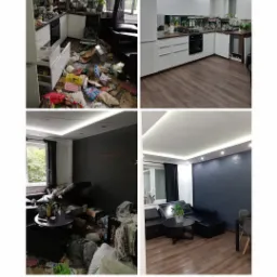 Kolaż przedstawiający kuchnię i salon przed i po sprzątaniu: widoczne ślady po remoncie i bałagan ustępują miejsca czystym, minimalistycznym wnętrzom z białymi meblami i ciemnymi akcentami.