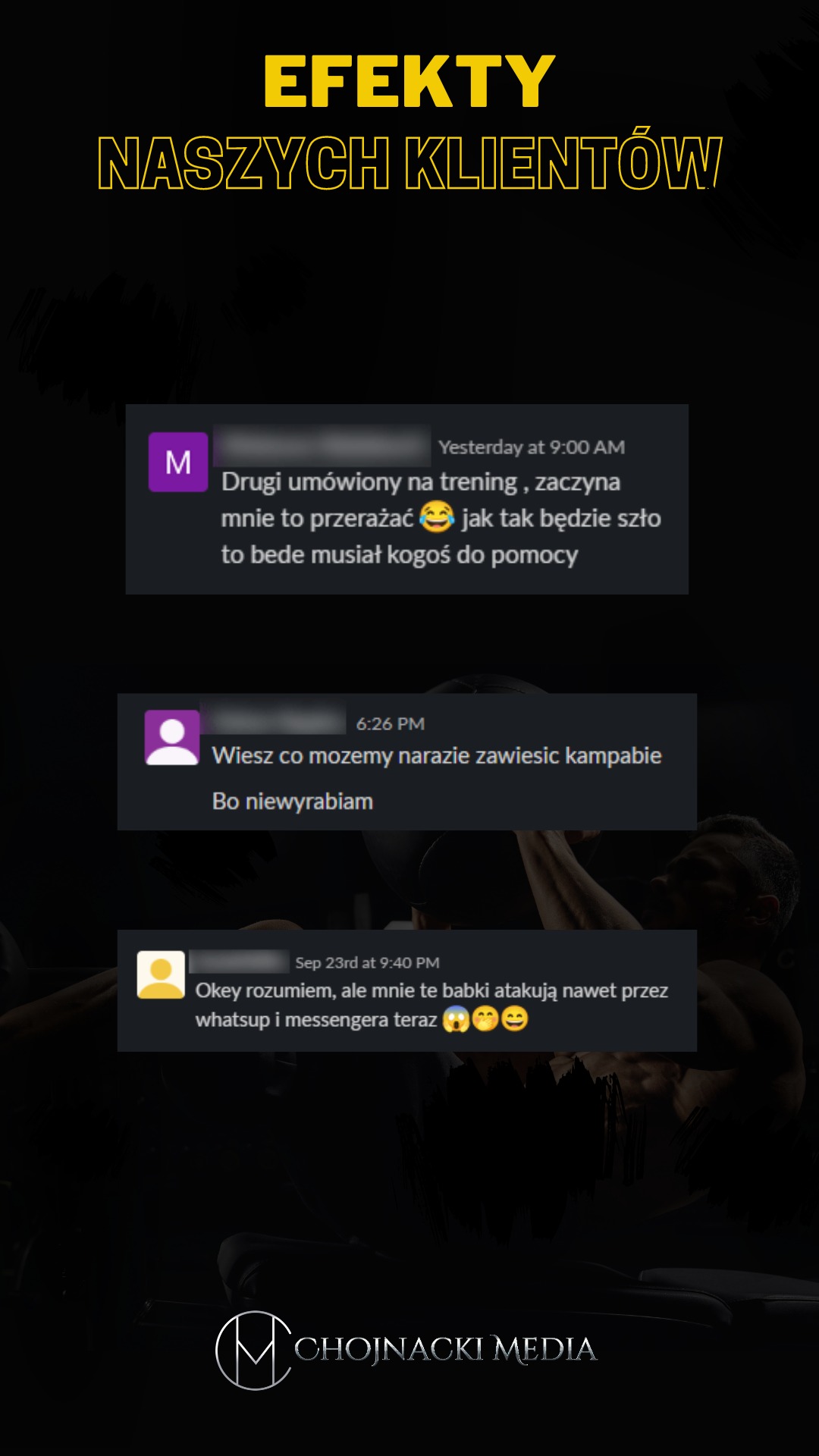 Prezentacja efektów pracy z klientami w formie zrzutów ekranu z komunikatora, gdzie klienci wyrażają zadowolenie z usług, na tle zdjęcia osoby ćwiczącej.