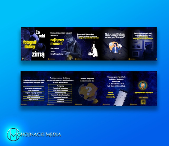 Grafika reklamowa z hasłem: Co robi fotograf ślubny zimą? Prezentacja możliwości promocji usług fotograficznych w okresie przestoju sezonowego, z wykorzystaniem blogów, portali branżowych i Facebooka.