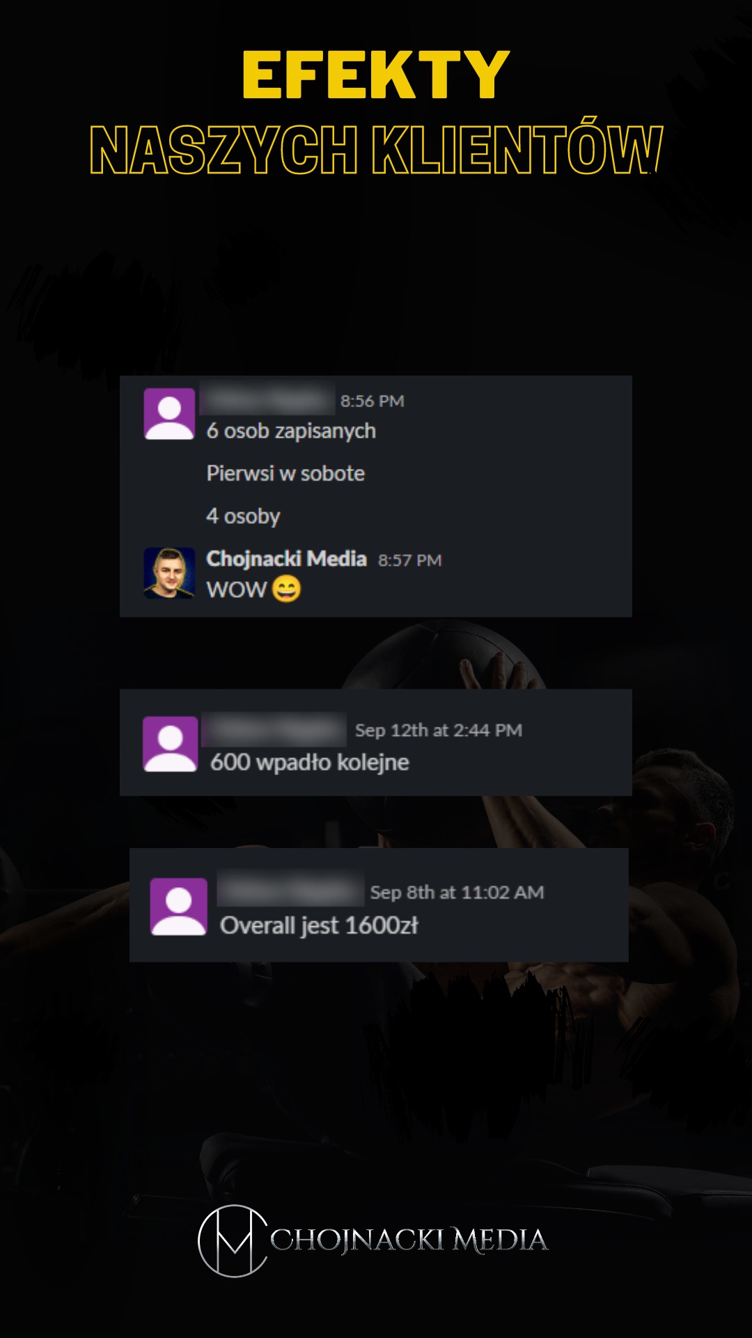 Prezentacja efektów działań marketingowych z wykorzystaniem zrzutów ekranu rozmów potwierdzających rezultaty, w tle sylwetka osoby ćwiczącej.