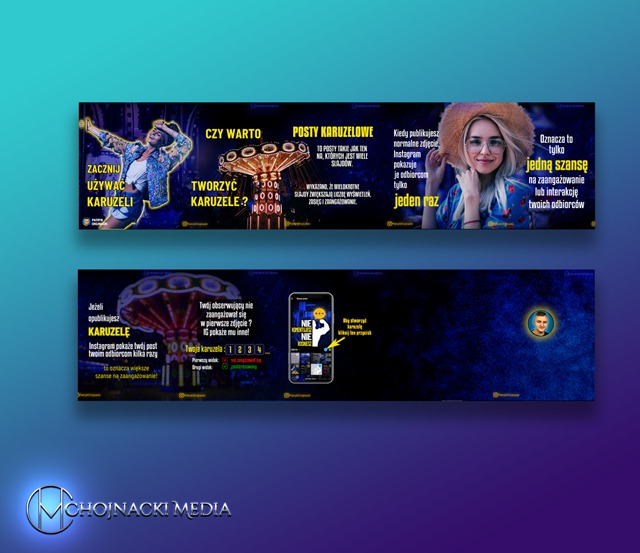 Projekt graficzny baneru reklamowego z motywem karuzeli, promujący wykorzystanie postów karuzelowych na Instagramie, w niebiesko-fioletowej tonacji z logo firmy Chojnacki Media.