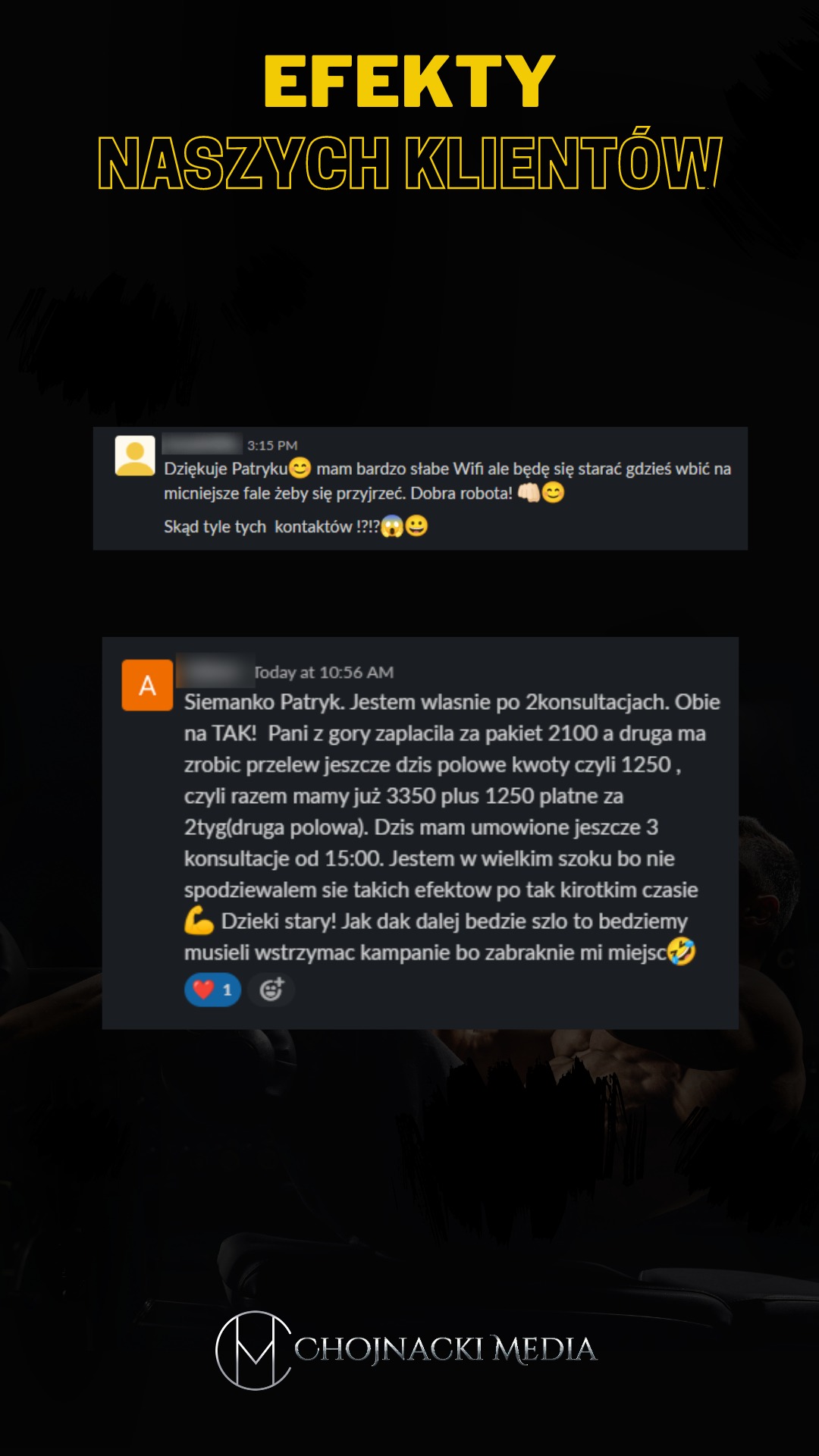 Zrzut ekranu z pozytywnymi opiniami klientów, potwierdzający efektywność konsultacji i szybki zwrot z inwestycji, z logotypem Chojnacki Media na dole.