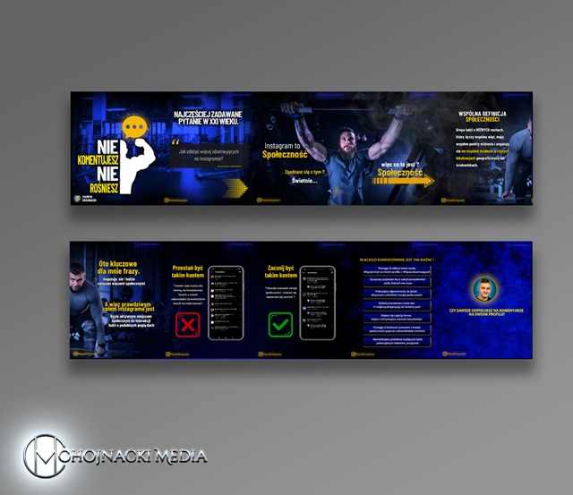 Baner reklamowy z hasłami dotyczącymi budowania społeczności na Instagramie, z motywacyjnymi cytatami i grafikami, utrzymany w ciemnej kolorystyce z elementami żółtego i niebieskiego.