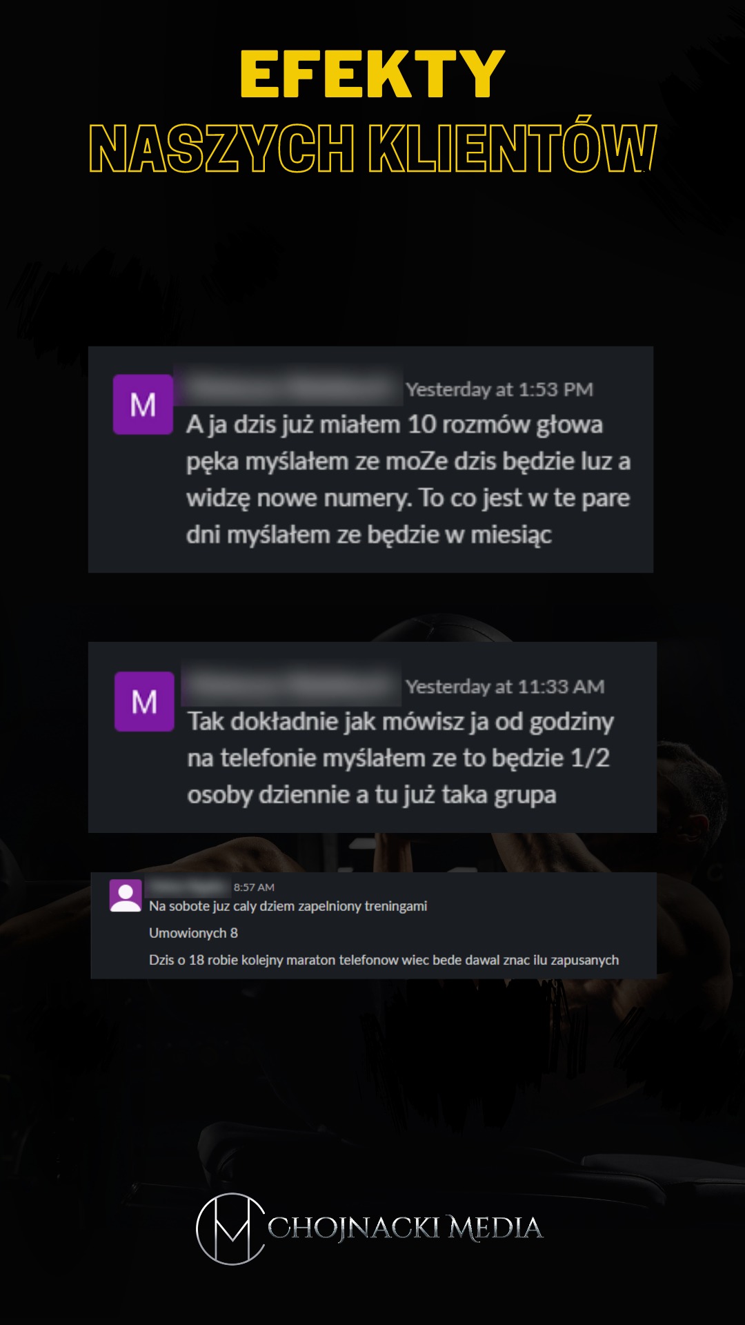 Zrzut ekranu z opiniami klientów o efektach, prawdopodobnie w formie komentarzy lub wiadomości, na tle sylwetki osoby ćwiczącej, z nagłówkiem 'EFEKTY NASZYCH KLIENTÓW' i logo firmy Chojnacki Media.