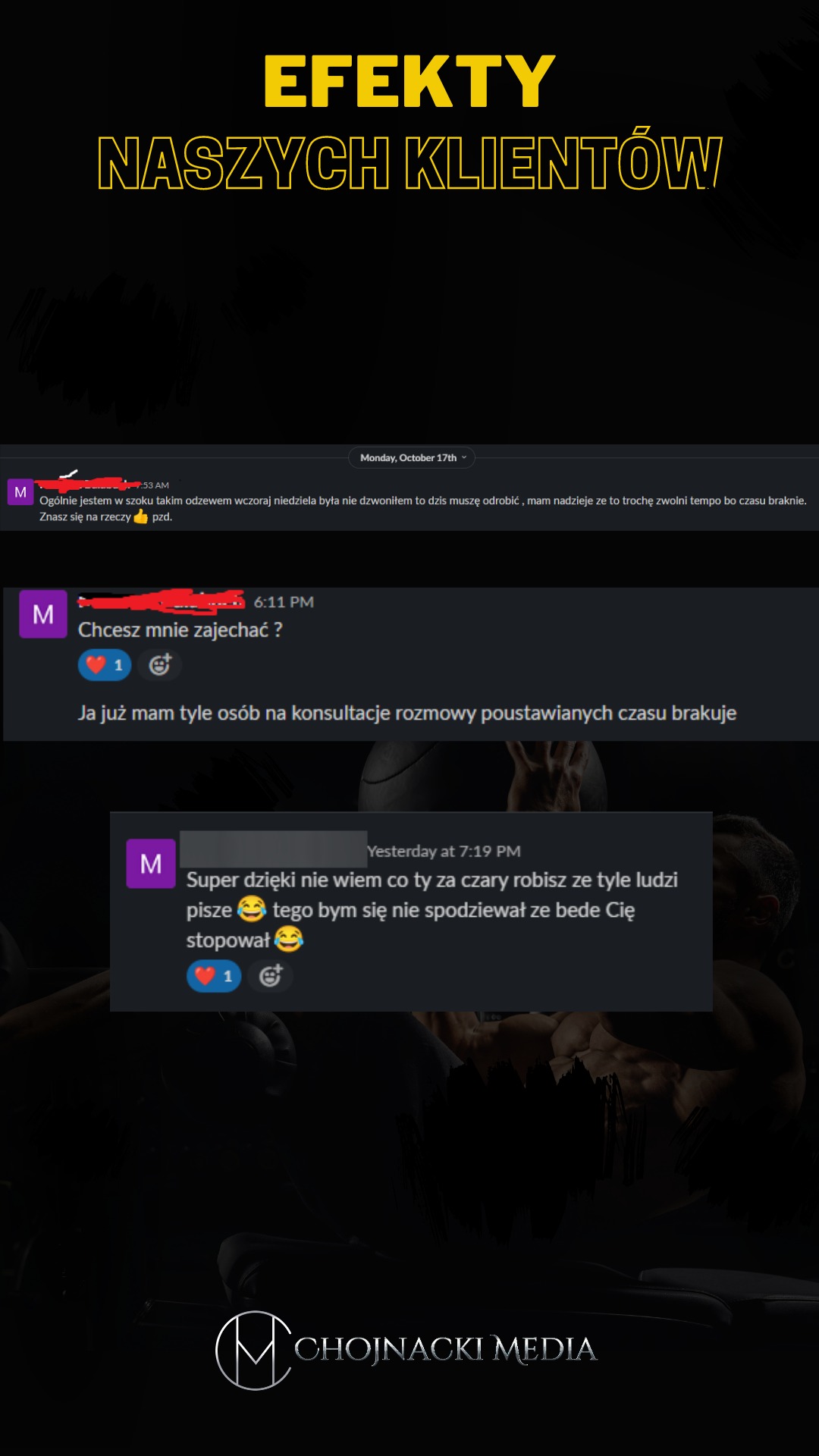 Zrzut ekranu z pozytywnymi opiniami klientów, prezentowany jako dowód efektywności usług firmy Chojnacki Media, z nagłówkiem 'Efekty Naszych Klientów'.