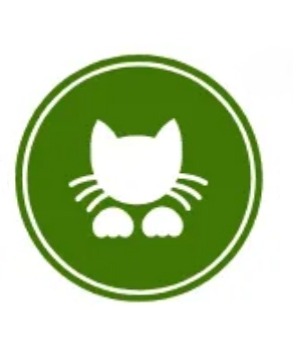 Zielony okrągły znak z białym konturem głowy kota i łapek, symbolizujący opiekę nad zwierzętami.
