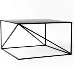 Minimalistyczna, czarna konstrukcja z metalowych prętów tworząca geometryczną bryłę z płaskim, ciemnym blatem na białym tle.