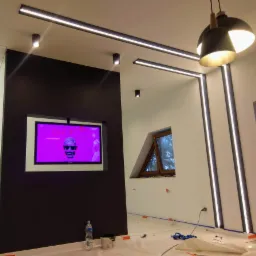 Wnętrze w trakcie remontu z czarną ścianą, podwieszanym sufitem z oświetleniem LED, wiszącą lampą i zabezpieczoną folią podłogą.