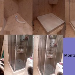 Usłgi montażowe wyposażenia wnętrz - Kolaż zdjęć przedstawiających etapy montażu brodzika w łazience z beżowymi płytkami, widoczny syfon, brodzik bez kabiny, brodzik z częściowo zamontowaną kabiną, obok pralka.