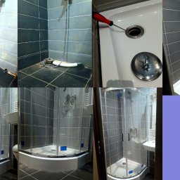 Usłgi montażowe wyposażenia wnętrz - Wielopanelowe ujęcie prezentujące etapy montażu kabiny prysznicowej: od surowego odpływu, przez podłączenie węża, po gotową kabinę z drzwiami przesuwnymi na tle szarych płytek.