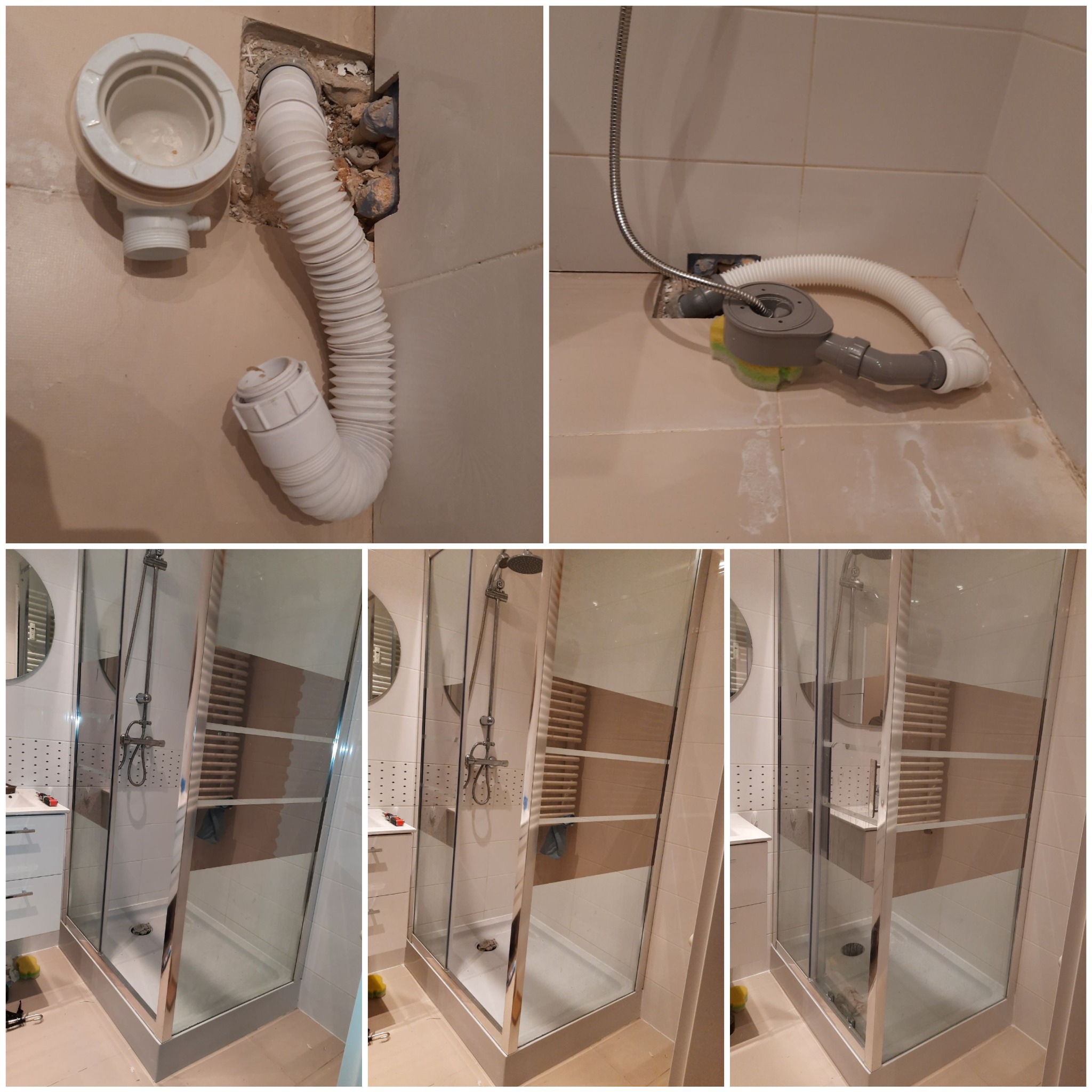 Montaż odpływu prysznicowego z elastyczną rurą kanalizacyjną w nowej kabinie prysznicowej z transparentnymi drzwiami.