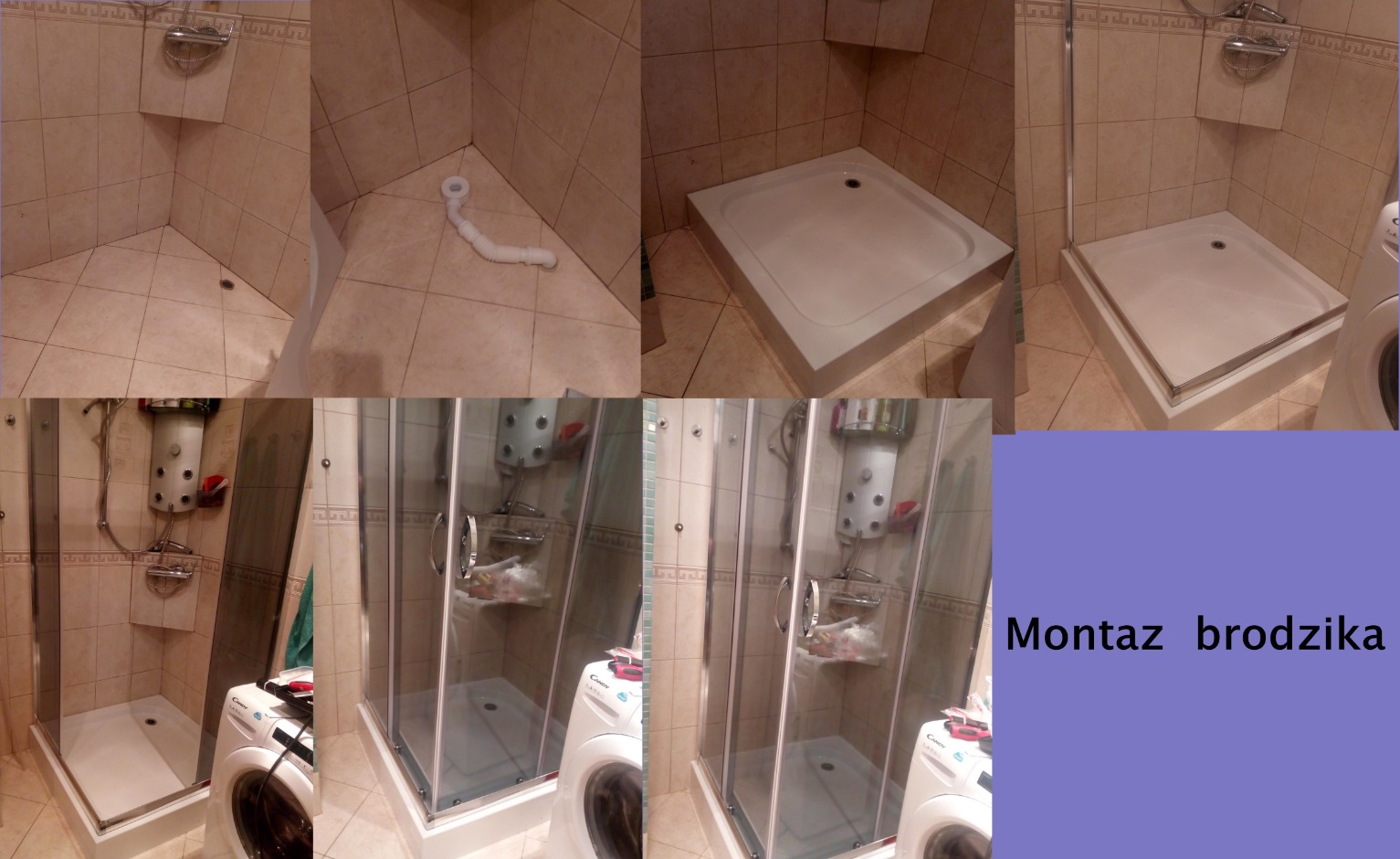 Kolaż zdjęć przedstawiających etapy montażu brodzika w łazience z beżowymi płytkami, widoczny syfon, brodzik bez kabiny, brodzik z częściowo zamontowaną kabiną, obok pralka.