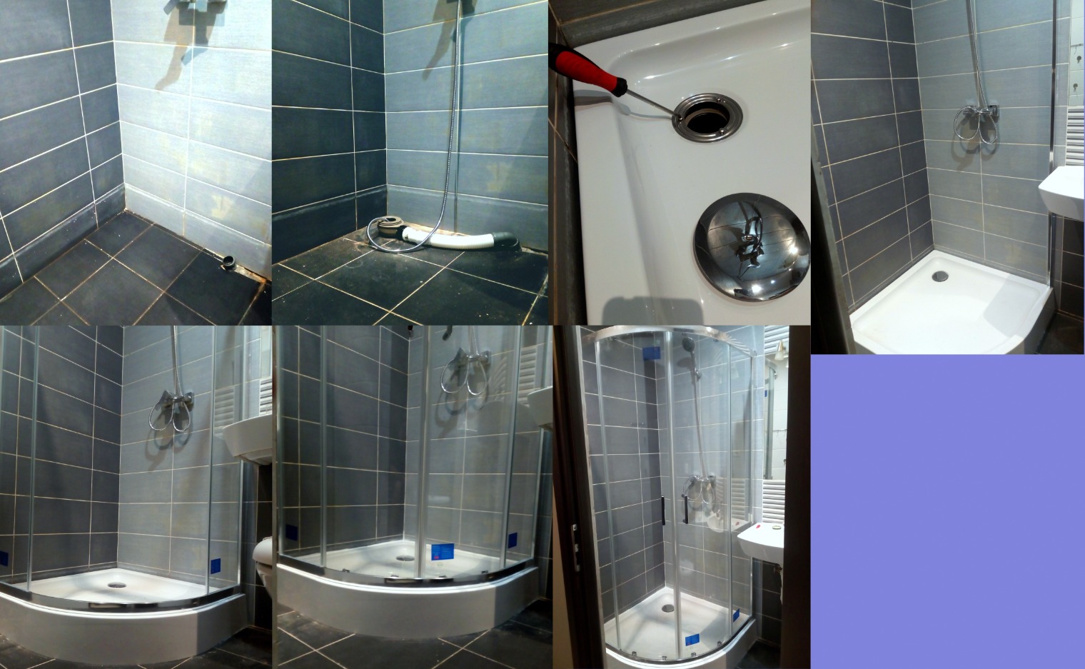 Wielopanelowe ujęcie prezentujące etapy montażu kabiny prysznicowej: od surowego odpływu, przez podłączenie węża, po gotową kabinę z drzwiami przesuwnymi na tle szarych płytek.