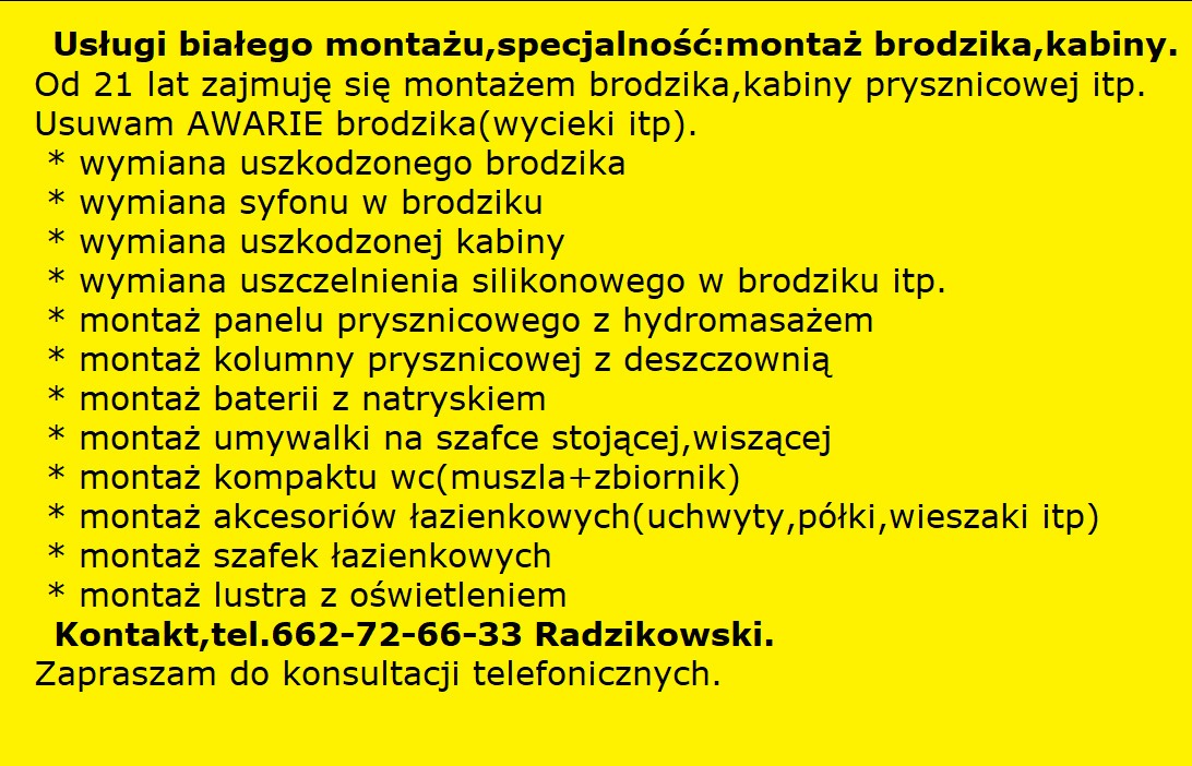 Żółte tło z listą usług: montaż brodzika, kabiny, umywalki, WC, akcesoriów łazienkowych. Kontakt telefoniczny. Usługi białego montażu.