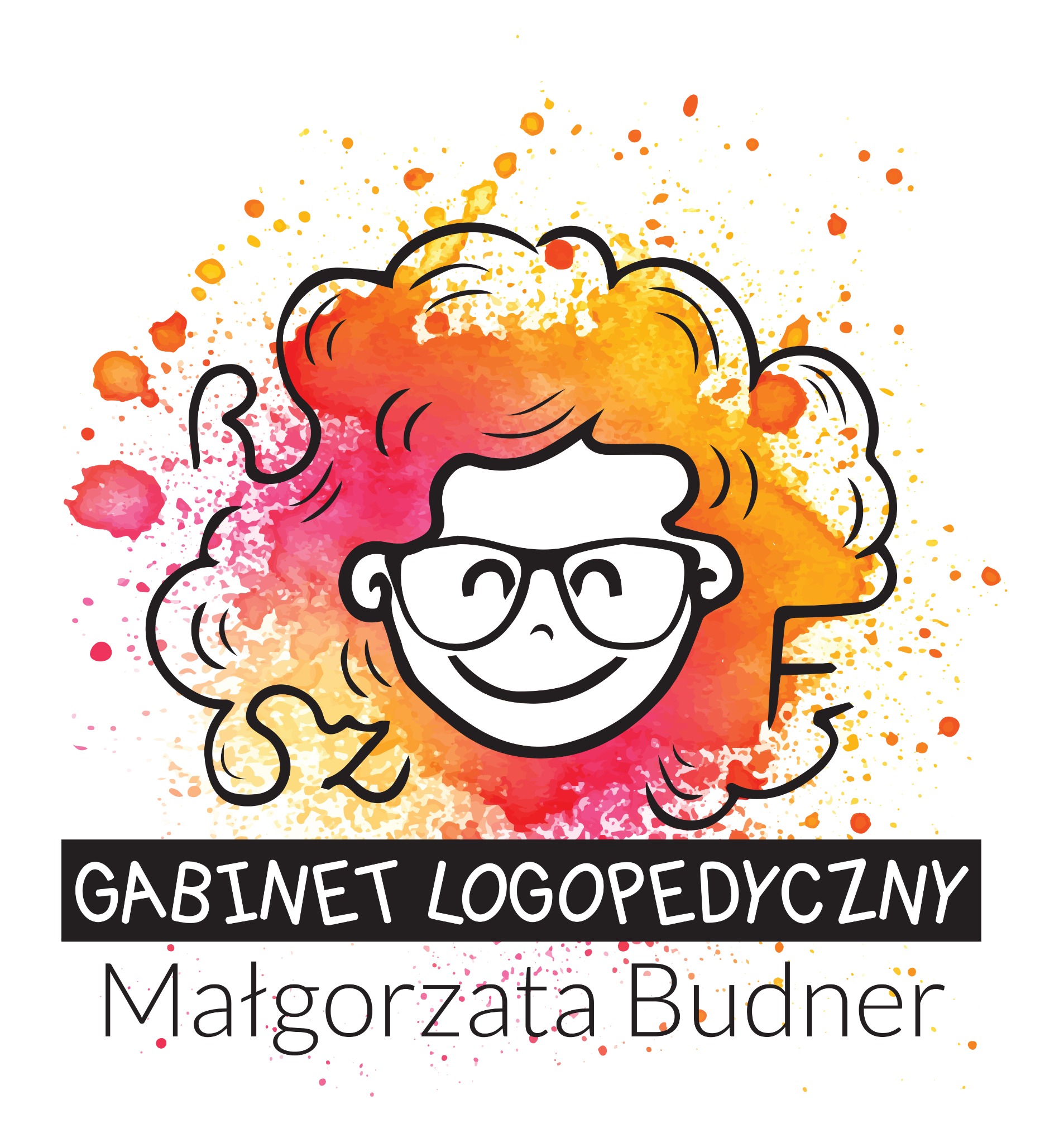 Logo Gabinetu Logopedycznego Małgorzata Budner: stylizowana twarz z okularami na tle akwarelowych plam w odcieniach pomarańczy i różu.