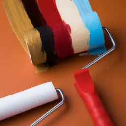 Dwa wałki do farby na pomarańczowym tle. Jeden wałek pokryty jest kolorowymi pasami farby: żółtym, czarnym, czerwonym, beżowym i błękitnym, pozostawiając ślady na tle.