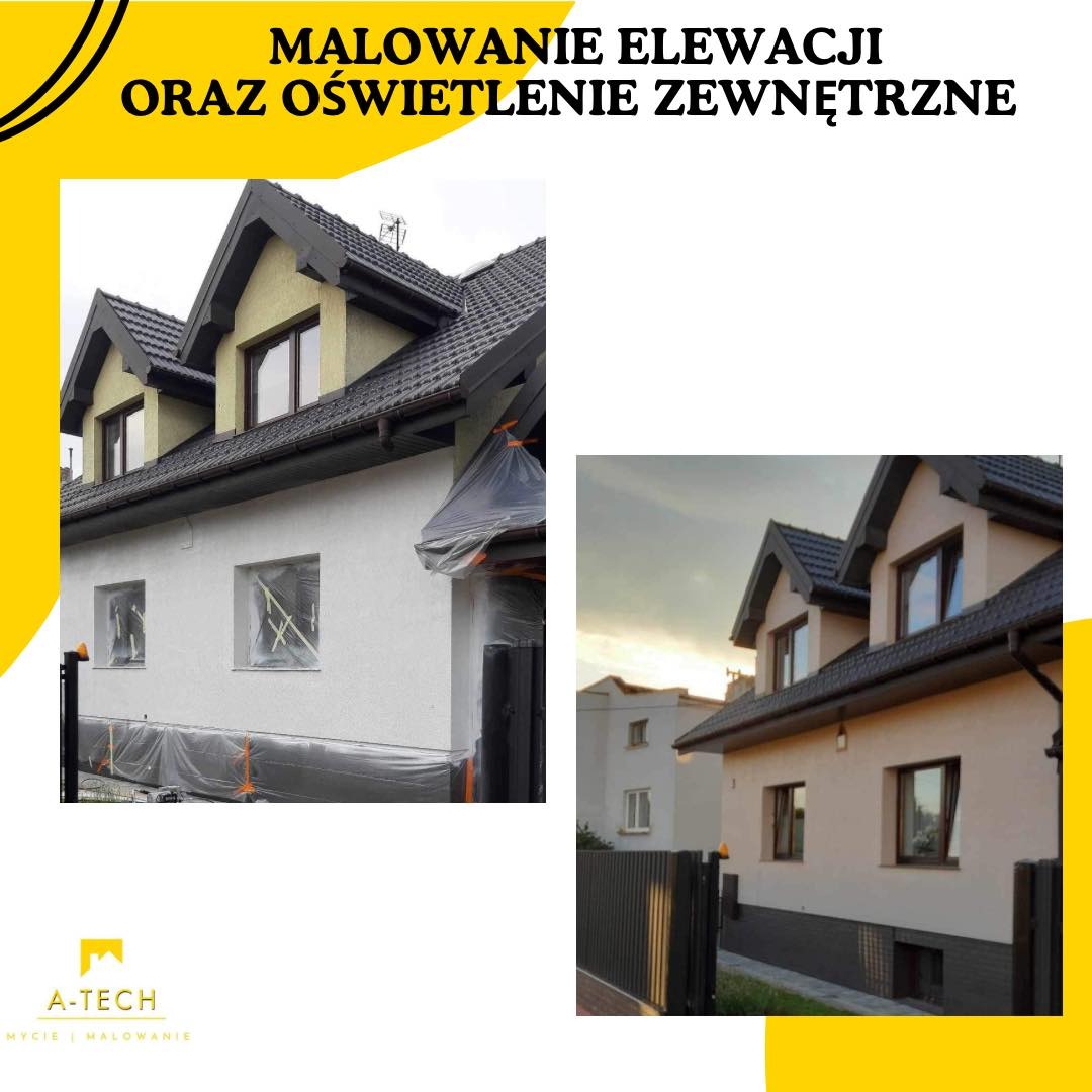 Dom jednorodzinny w trakcie prac elewacyjnych: część ściany zabezpieczona folią malarską, okna oklejone taśmą, widoczny fragment elewacji po renowacji w oddaleniu.