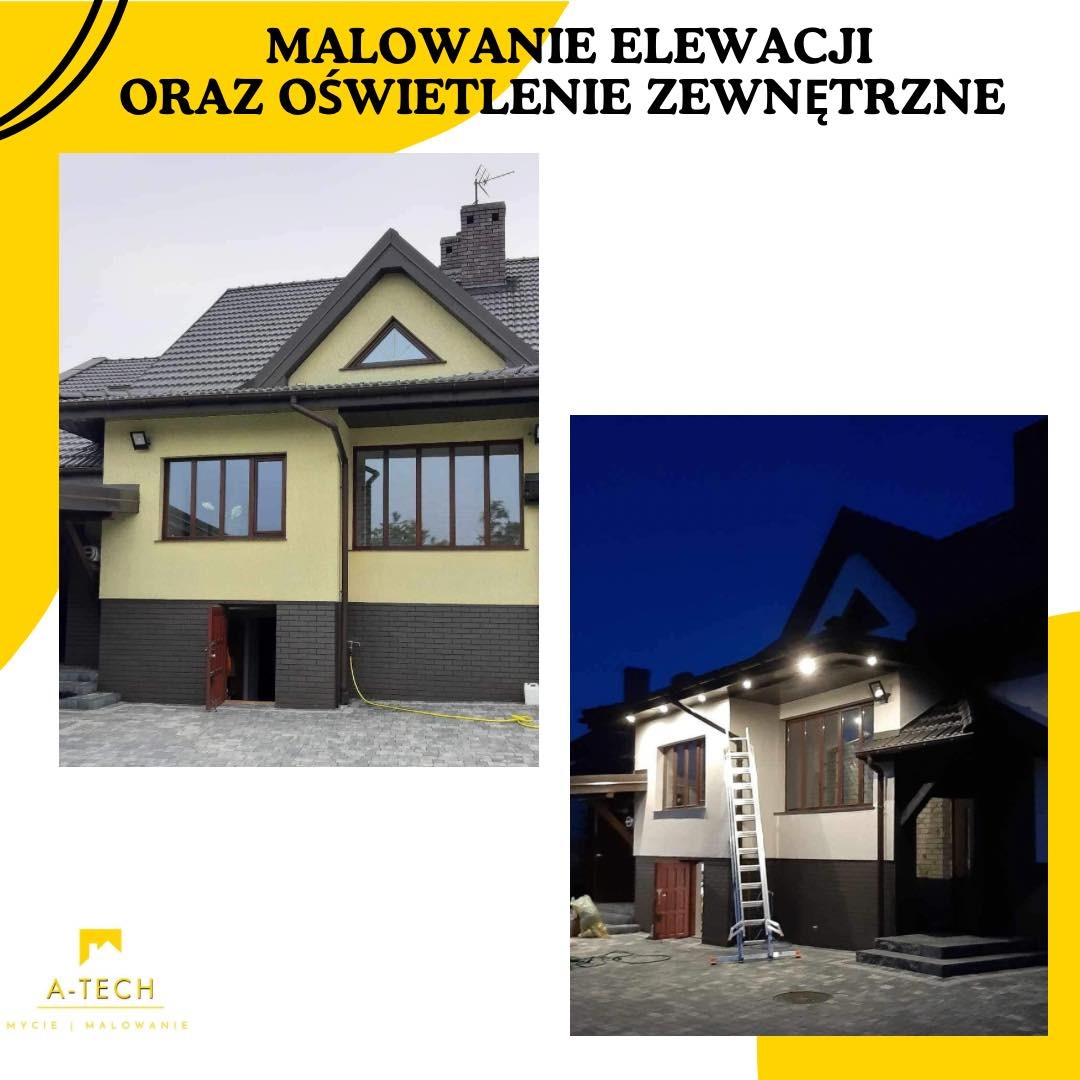 Porównanie elewacji domu przed i po malowaniu oraz instalacji oświetlenia zewnętrznego, widok dzienny i nocny z użyciem drabiny.