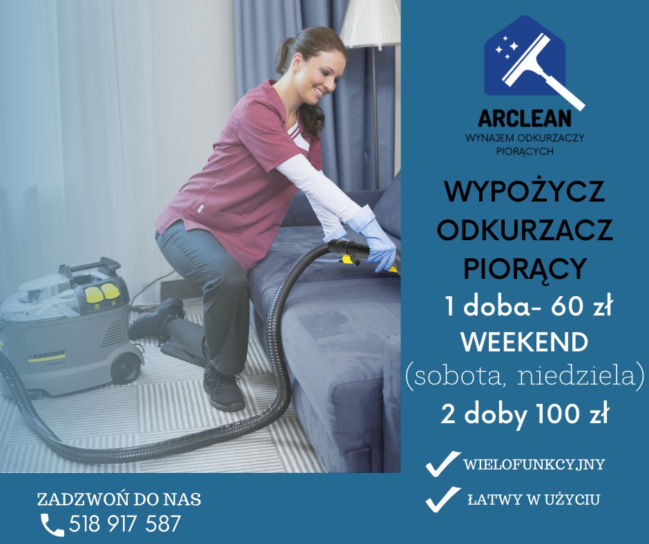 Kobieta w uniformie czyści sofę odkurzaczem piorącym Karcher, obok widoczny plakat reklamujący wypożyczenie odkurzacza.