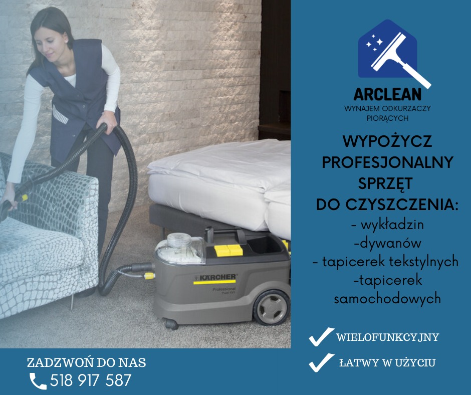 Kobieta w Olsztynie czyści tapicerkę sofy odkurzaczem piorącym Karcher, obok widoczny materac.