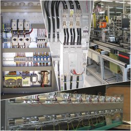 PGiG sp. z o.o. - Kompozycja czterech ujęć: szafa sterownicza z okablowaniem, rozdzielnia elektryczna z zabezpieczeniami, linia produkcyjna z automatyką przemysłową i panel z manometrami.