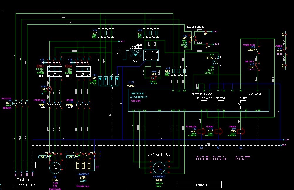 Schemat elektryczny instalacji, widoczne symbole i oznaczenia elementów, opisane parametry techniczne.