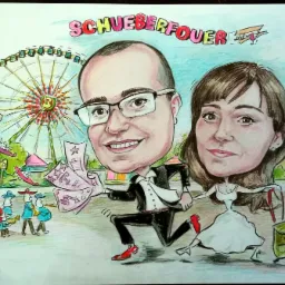 Kolorowy rysunek karykaturalny pary na tle wesołego miasteczka z napisem 'SCHUEBERFOUER' i motywami luksemburskimi.