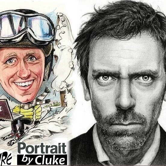 Ręcznie rysowany portret przedstawiający karykaturalnego narciarza z laptopem oraz realistyczny portret mężczyzny z brodą, wykonany ołówkiem.