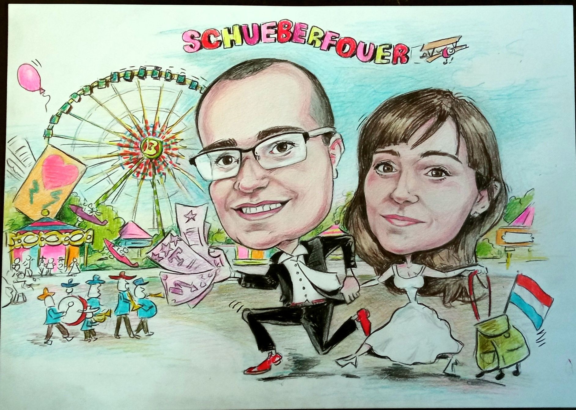 Kolorowy rysunek karykaturalny pary na tle wesołego miasteczka z napisem 'SCHUEBERFOUER' i motywami luksemburskimi.