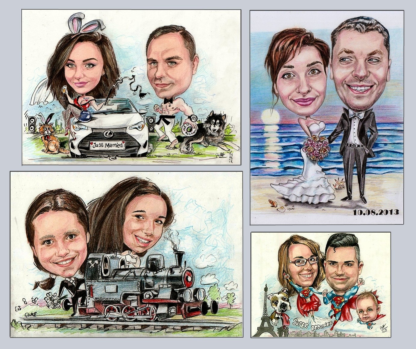 Zestaw czterech ręcznie rysowanych, kolorowych karykatur par z przerysowanymi głowami, każda w innej scenerii: para przy samochodzie 'Just Married' z króliczymi uszami i psem, para na plaży...