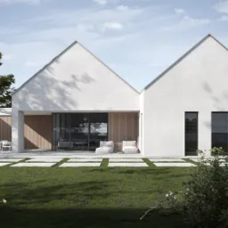Wizualizacja nowoczesnego domu z dwuspadowym dachem, białymi ścianami i dużymi oknami, otoczonego trawnikiem z betonowymi płytami i bujną zielenią.