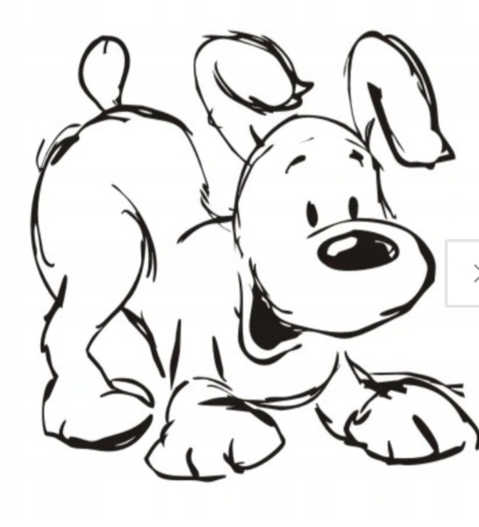 Szkic psa w radosnej pozie, z otwartym pyskiem i uniesionymi uszami, wykonany czarnym tuszem na białym tle.