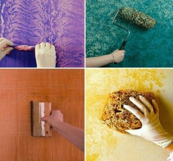 Cztery zbliżenia na różne techniki malarskie: sznurkiem, wałkiem gąbkowym, pacą i gąbką naturalną, prezentujące faktury i efekty dekoracyjne na ścianach.