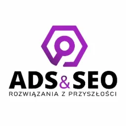 Logo firmy ADS&SEO z fioletowym symbolem lupy w sześciokącie i hasłem 'Rozwiązania z przyszłości'
