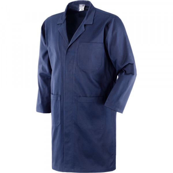 Granatowy, długi płaszcz roboczy z trzema kieszeniami na białym tle, widoczne logo producenta na kołnierzu.