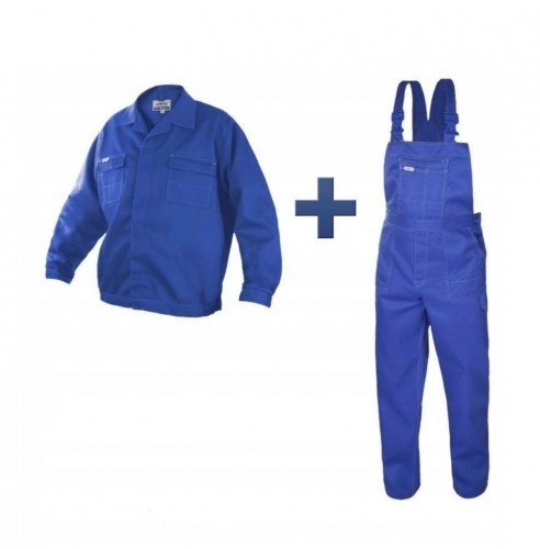 Zestaw niebieskiej odzieży ochronnej: bluza robocza z długim rękawem i kombinezon ogrodniczki, zaprezentowany na białym tle.