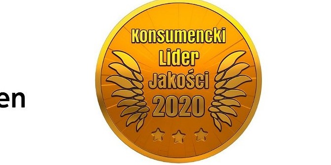 Złota odznaka 'Konsumencki Lider Jakości 2020' z trzema gwiazdkami u dołu i stylizowanymi skrzydłami po bokach.