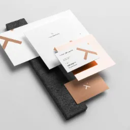 Elegancki zestaw identyfikacji wizualnej 'Luxe Dressing' z logo w kolorze miedzianym, obejmujący wizytówkę, papier firmowy i kartę, ułożony na czarnym, teksturowanym podłożu w minimalistycznym stylu.