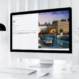 Ekran komputera wyświetla wizualizację projektu architektonicznego domu z basenem, widok z boku, na biurku lampka, klawiatura, myszka, filiżanka kawy i czarny wazon z suchymi gałązkami