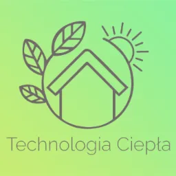 Graficzne logo firmy 'Technologia Ciepła' przedstawiające kontur domu w okręgu z liśćmi i słońcem na zielono-żółtym tle.