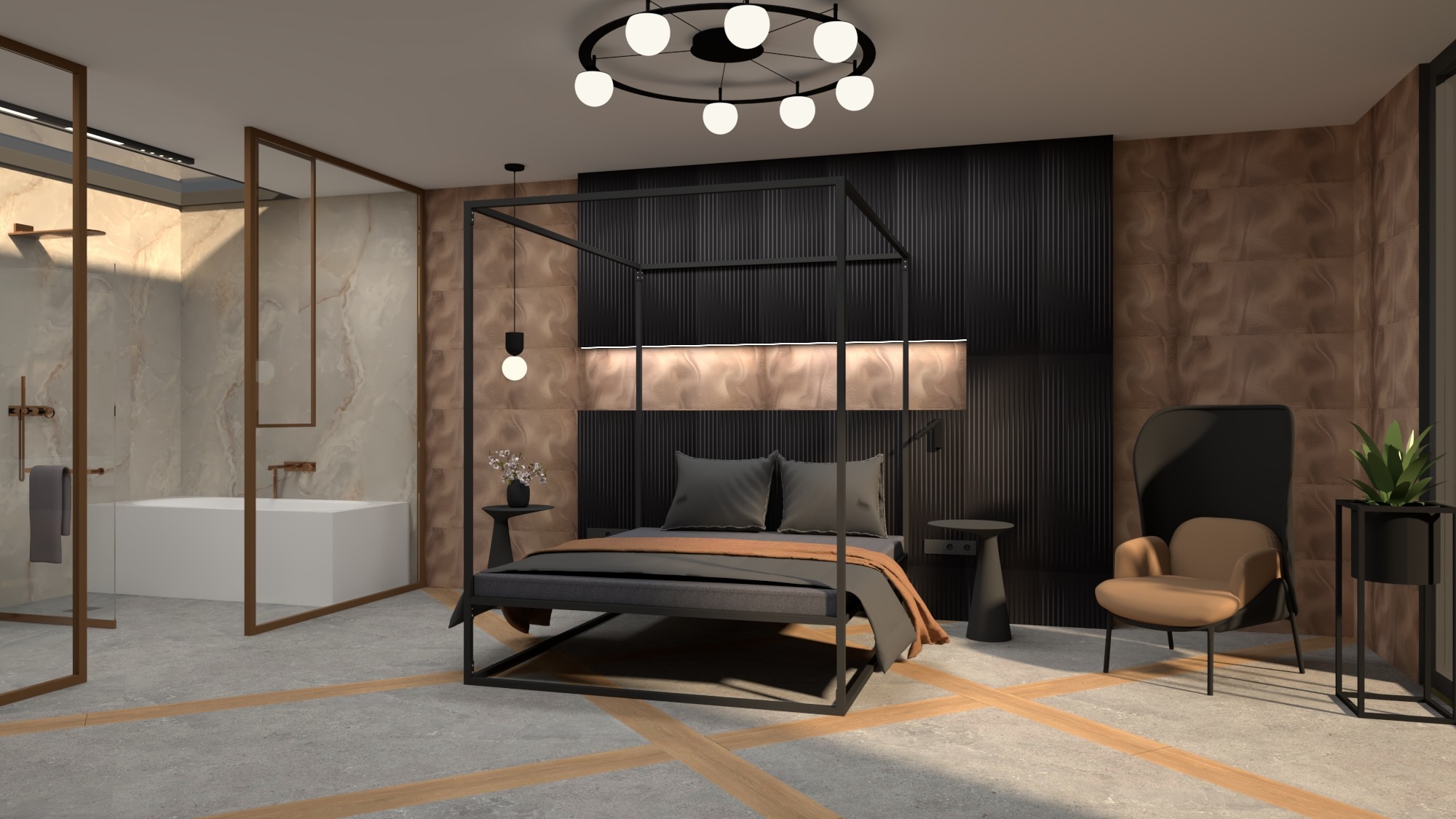 Nowoczesna sypialnia z łazienką: czarne łóżko z baldachimem, szara pościel, designerskie oświetlenie, marmurowa wanna za szklaną ścianą, drewniane akcenty na podłodze.