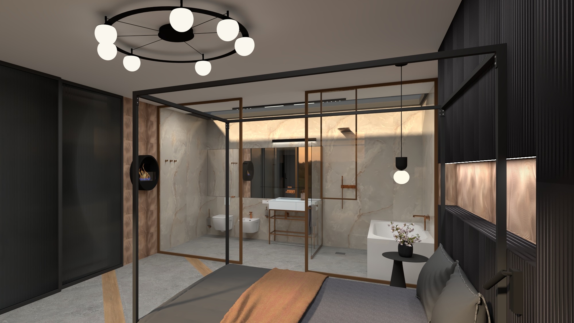 Nowoczesna sypialnia z przeszkloną łazienką: widok na białą wannę, umywalkę na metalowym stelażu, toaletę i bidet. W sypialni czarne, ryflowane ściany, okrągły biokominek i szara pościel...